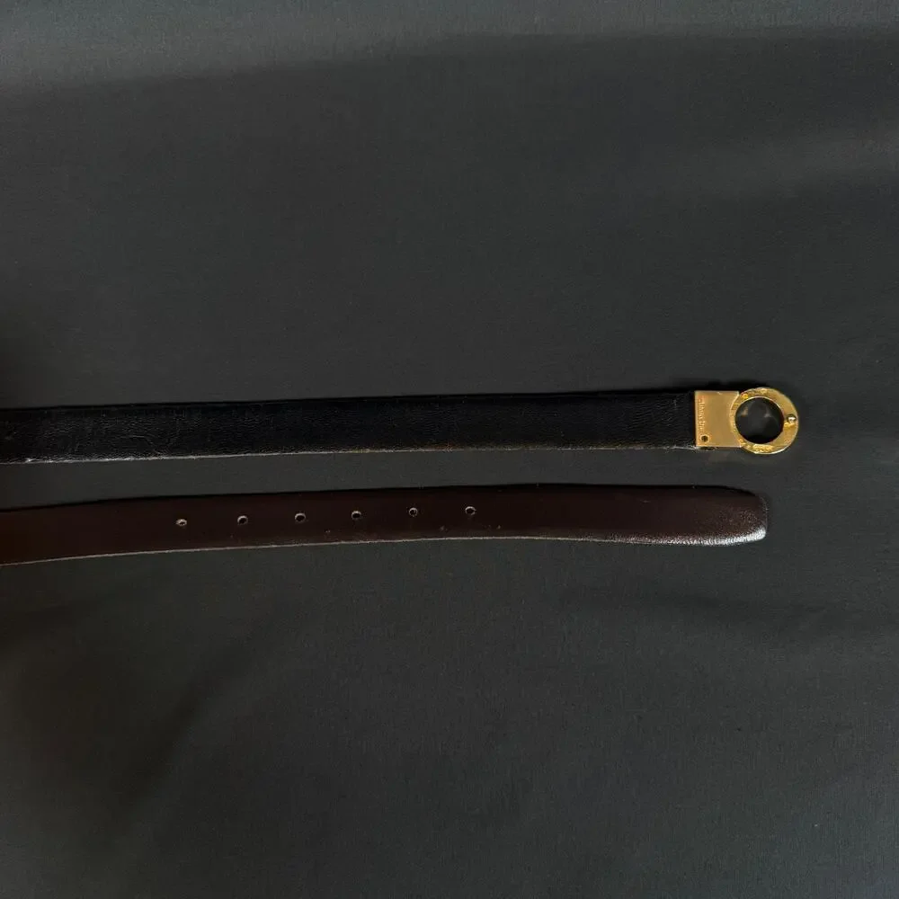 Christian Dior Black/Brown Leather Belt Gold Round Buckle Vintage 42 Inch Spain